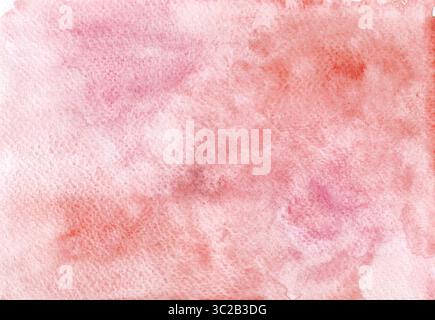 Abstrakter Hintergrund mit Aquarell. Verschiedene Rot-, Rosa- und Weißtöne. Textur von Aquarellpapier ist sichtbar. Chaotische Flecken. Oben rechts Stockfoto