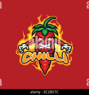 Chilimaskottchen-Logodesign mit modernem Illustrationskonzept für Abzeichen, Emblem und T-Shirt. Illustration des wütenden Chili. Stock Vektor