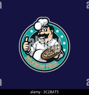 Pizza Mascot-Logo mit modernem Illustrationskonzept für Abzeichen, Emblem und T-Shirt. Illustration der Pizza des Küchenchefs. Stock Vektor