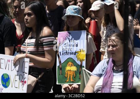 24. Mai 2019 – Los Angeles, Kalifornien, USA – während einer Demonstration des Klimawandels wird Ein Demonstrant gesehen, der ein Plakat mit der Aufschrift „Wir hätten zuhören sollen“ hält. Studenten und Umweltaktivisten nehmen an einem Klimastreik in Los Angeles, Kalifornien, Teil. Die Organisatoren forderten die Trump-Regierung auf, den Zustand des Klimanotfalls auszurufen, um den Planeten zu retten, einen Green New Deal zu schaffen und in eine emissionsfreie Wirtschaft zu übergehen. (Credit Image: © Ronen Tivony/SOPA Images via ZUMA Wire) Stockfoto