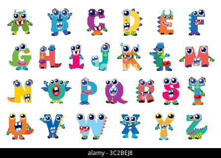 Verspieltes Alphabet im Monster-Design mit leuchtenden Farben und skurrilen Charakteren. Perfekt für Projekte und Lernmaterialien für Kinder Stock Vektor