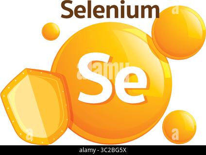 Vektorillustration des Selen-Vitamin-Symbols mit glänzenden orangefarbenen Kugeln, Schildelement und fettgedrucktem Text in einem modernen flachen Design-Stil Stock Vektor