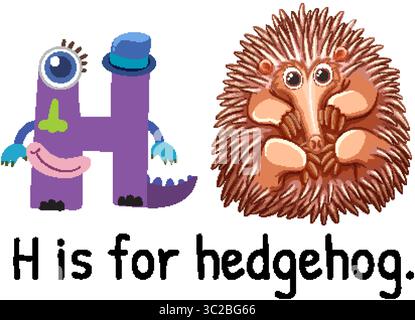 Bunte Vektor-Illustration des Buchstaben H und eines niedlichen Igels. Unterhaltsames, lehrreiches Design für Lernmaterialien für Kinder Stock Vektor