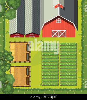 Farbenfrohe Farm mit Scheunen, Feldern und Bäumen Stock Vektor