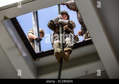 20. Mai 2019 - Aichi, Japan - Ein Marine mit 3. Bataillon, 6. Marine-Regiment, derzeit der 3. Marine-Division mit 4. Marine-Regiment im Unit Deployment Program angehört, bereitet sich darauf vor, ein Seil während des schnellen Seiltrainings auf Übung Fuji Viper im Combined Arms Training Center, Camp Fuji, am 20. Mai 2019 herunterzurutschen. Fast Soping ist eine Helikopter-Seilaufhängungstechnik, die als schnelle Methode zum Aussteigen eines Flugzeugs verwendet wird. (Foto des U.S. Marine Corps von Lance CPL. Joshua Sechser) (Foto: © U.S. Army/ZUMA Wire/ZUMAPRESS.com) Stockfoto