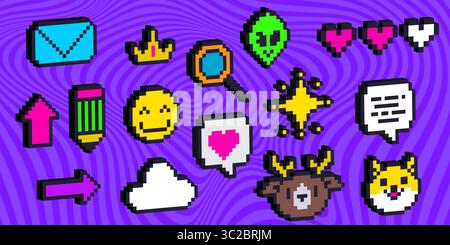 Pixelart 3D Emoticon Symbole Set – verschiedene digitale Elemente für Messaging und Social Media Interface Design. Grafiken im Retro-Gaming-Stil mit Chatblasen, Symbolen, niedlichen Charakteren und Kommunikationstools Stock Vektor