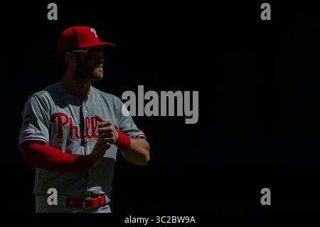 25. Mai 2019: Philadelphia Phillies Right Fielder Bryce Harper #3 vor dem Major League Baseball Spiel zwischen den Milwaukee Brewers und den Philadelphia Phillies im Miller Park in Milwaukee, WI. John Fisher/CSM(Credit Image: &Copy; John Fisher/CSM via ZUMA Wire) Stockfoto