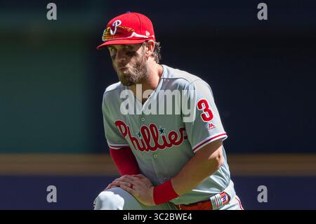 25. Mai 2019: Philadelphia Phillies Right Fielder Bryce Harper #3 vor dem Major League Baseball Spiel zwischen den Milwaukee Brewers und den Philadelphia Phillies im Miller Park in Milwaukee, WI. John Fisher/CSM(Credit Image: &Copy; John Fisher/CSM via ZUMA Wire) Stockfoto