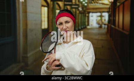Frau mit Tennisschläger im Freien auf der Stadtstraße, mit rotem Stirnband und weißer Jacke, mit einem verwirrten Ausdruck, der auf Neugier in den Städten hindeutet Stockfoto