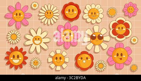 Retro-groovige Gänseblümchen mit lächelnden Gesichtern. Süßes Blumenset mit rosa, weißen und roten Blüten mit fröhlichen Ausdrücken. Vintage-Blüten im Hippie-Stil für nostalgische Designs und positive Vibes. Stock Vektor