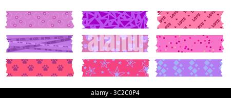 Pinkfarbenes und lila Scrapbook-Band mit niedlichen Mustern - geometrische Formen, Herzen mit Liebestext, Kreise und Punkte, Pfotenmuster und Sterne, Bären. Niedliche Washi-Streifen zum Journalisieren, Planer-Dekoration Stock Vektor