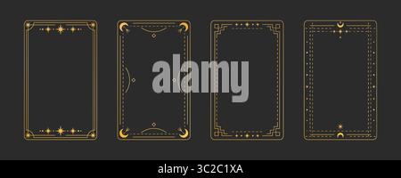 Goldener Tarot-Kartenrahmen mit mystischen Symbolen - verzierte rechteckige Ränder mit Sternen, Monden und himmlischen Elementen auf schwarzem Hintergrund für Wahrsagungsdeck-Design, okkulte Vorlagen. Stock Vektor