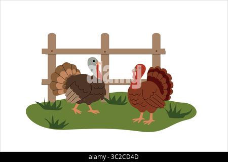 Flache Abbildung von zwei Puten, die auf grünem Gras in der Nähe eines Holzzauns stehen. Einfacher Cartoon-Stil mit warmen Erdtönen, ideal für Bauernmotive Stock Vektor