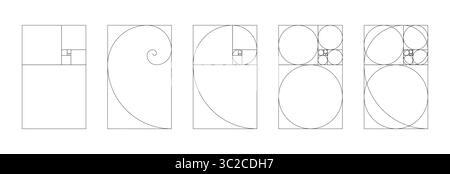Vertikales Fibonacci-Zahlenarray mit 5 Elementen. Vorlage für harmonische Proportionen des goldenen Verhältnisses. Stock Vektor