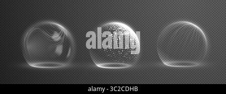 Schutzschild-Kuppelset mit 3D-Glaskugeleffekt und transparenter Barriere. Blaues futuristisches Hexagon-Energiefeld für Cybersicherheitstechnologie Stock Vektor