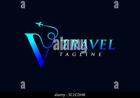 Adventure Travel Logo Design, Letter V Travel Logo, Tourist Logo, Letter mit Fliegenflugzeug Logo Moderne digitale trendige blaue Farbe Sea Wave Reisebüro Stock Vektor