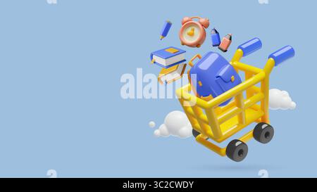 3D Schultasche und Zubehör in einem Warenkorb mit blauem Hintergrund Stock Vektor