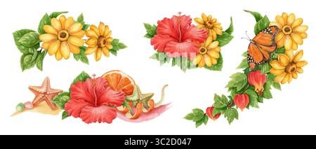 Sommerarrangement Set aus Monarchschmetterling und Hibiskusblüte. Handgezeichnetes Blumendesign in Aquarellfarben für tropische Feiertagsmotive. Hell Stockfoto