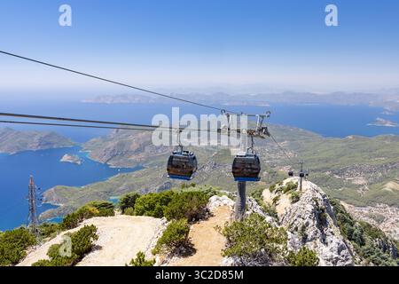 Seilbahnen in den Babadag Mountain bieten einen fantastischen Blick auf Oludeniz in der Türkei. Provinz Muğla bei Fethiye, Türkei Stockfoto
