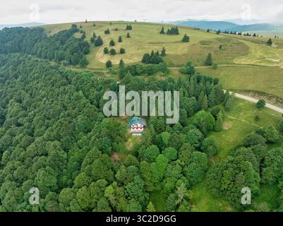 Aus der Vogelperspektive auf ein einsames Haus eingebettet in ein Meer von grünen Bäumen, ein lebhafter Kontrast zu den sanften Hügeln in der Ferne, Oderen, GRA Stockfoto