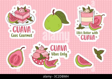 Guava cremig süße Dessertaufkleber mit Zitaten. Kuchen, Mousse, Eis und Eis mit Minzblättern und tropischen rosafarbenen Fruchtscheiben. Vektor-Illustra Stock Vektor