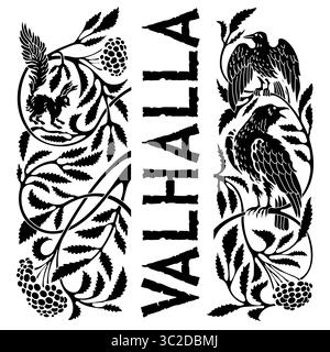 Vintage-Gravur. Der Baum des Lebens in der nordischen Mythologie mit Tieren Stock Vektor