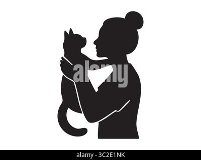 Schwarze Silhouette einer Frau, die Katze hält, isoliert auf weißem Hintergrund, grafische Illustration. Haustier, Gesellschaft, Katzenliebe, Haustier Stock Vektor