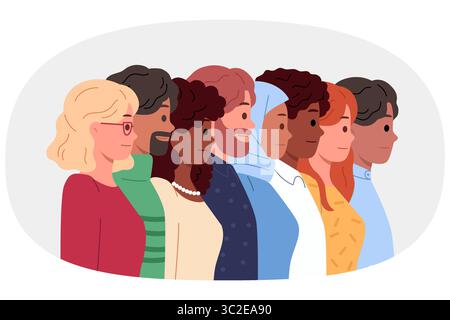 Multinationale Menschen demonstrieren Einheit und Bereitschaft, gemeinsam gegen Diskriminierung vorzugehen Stock Vektor