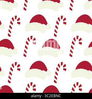Weihnachtsmützen und gestreifte Candy Cane nahtlose Muster Weihnachten oder Neujahrsgrüße mit festlicher Kulisse. Isolierte Vektor-Illustration Wrapping Thematische Karten Hintergrund Poster, Medien Post Werbematerial Stock Vektor