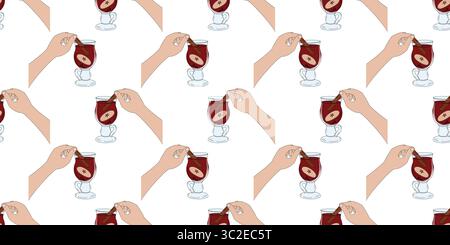 Hand halten Zimt Stick in Glasbecher mit Glühwein nahtlosem Muster Pop Art Stil Banner Fond. Isolierte Vektor-Illustration gemütliche saisonale Getränk Menü Karte Hintergrund oder Promo Banner, Faltblätter, Tag Stock Vektor