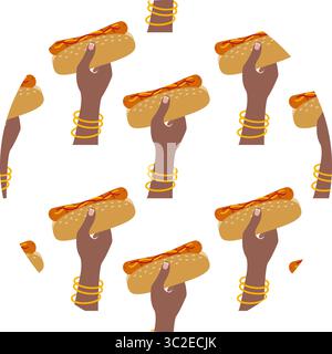 Dunkle Haut, weibliche Hand Hold Hot Dog mit Wurst und Sesambrötchen wiederholendem Muster auf Kreis Hintergrund. Isolierte Vektor-Illustration Fast Food oder Hot Dog Day Hintergrund Anzeigen Menükarten, Preisschild, Faltblatt Stock Vektor