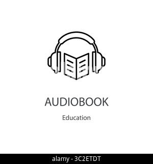 Kopfhörer mit Hörbuch-Symbol, Hören Sie Audiounterricht, Soundguide, dünne Linie Symbol isoliert auf weißem Hintergrund, editierbare Strichvektorillust Stock Vektor