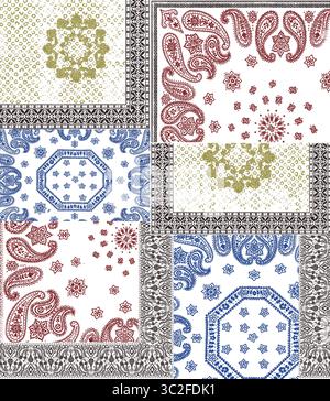 Ein lebendiger Wandteppich aus traditionellen Paisley-Mustern in Blau, Rot und Gold, aufwändig in ein dekoratives Stoffdesign gewebt Stockfoto
