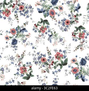 Ein zartes Vintage-Blumenmuster mit einem bezaubernden Arrangement aus rosa Rosen, blauen Kornblumen und grünen Blättern, die über einen weißen Hintergrund verstreut sind Stockfoto
