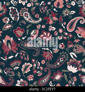 Ein reichhaltiges und kompliziertes Paisley- und Blumenmuster in tiefem Marineblau mit gedämpften roten, rosa und grünen Akzenten, die an ein Vintage-Bohemian-Textildesign erinnern Stockfoto
