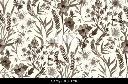 Eine zarte Aquarellillustration eines nahtlosen Blumenmusters mit verschiedenen Wildblumen und Laub in gedämpften Sepia-Tönen auf einem cremefarbenen Hintergrund Stockfoto