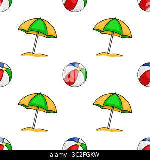 Nahtloses Vektormuster von lebhaften Sonnenschirmen und mehrfarbigen Strandbällen auf weißem Hintergrund, die eine fröhliche Sommeratmosphäre schaffen. Stock Vektor