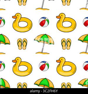 Nahtloses Vektormuster mit fröhlichen gelben Entenringen, Sonnenschirmen, Flip-Flops und Strandbällen, die einen lebhaften Sommerurlaub schaffen Stock Vektor