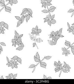Ein zartes Blumenmuster mit handgezeichneten botanischen Elementen mit gepunkteten Umrissen auf einem sauberen weißen Hintergrund, das ein charmantes und zeitloses DE schafft Stockfoto