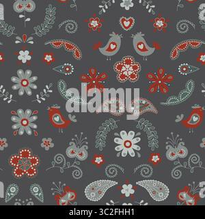 Ein bezauberndes Volkskunstmuster mit wunderbaren Vögeln, zarten Blumen und Paisley-Motiven in Rot, weiß und Grau auf dunklem Hintergrund Stockfoto