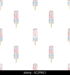 Nahtloses Muster mit Eiscreme-Aquarellen. Handgezeichnetes Milchdessert mit Beeren auf weißem Hintergrund. Joghurteis Clip Art. Ideal für Schaufenster Stockfoto