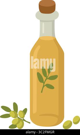 Flache Vektor-Illustration der Olivenölflasche mit Oliven und Zweigen Stock Vektor