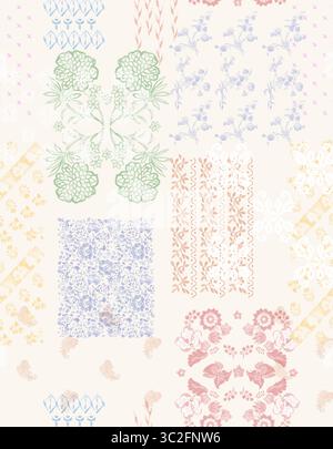 Ein bezauberndes Vintage-Patchwork aus floralen und ornamentalen Mustern in sanften Pastellfarben auf einem hellen cremefarbenen Hintergrund Stockfoto
