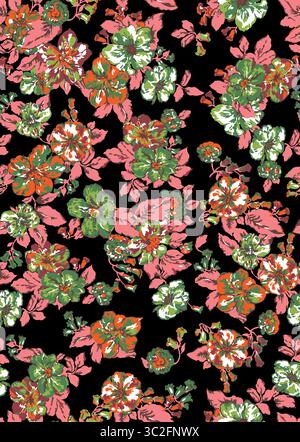 Ein lebhaftes und kompliziertes Blumenmuster mit einer dichten Anordnung blühender Blumen in Rosa-, Grün- und Orange-Tönen gegen eine kräftige schwarze Ba Stockfoto
