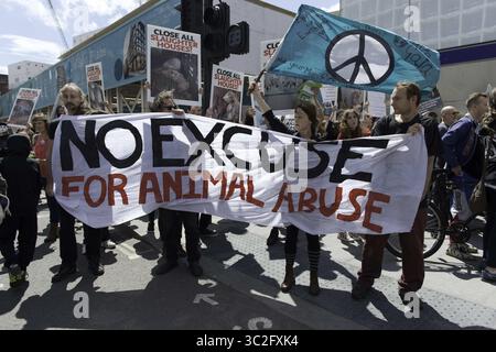 8. Juni 2019 - London, Greater London, Vereinigtes Königreich - Aktivisten halten ein Banner mit der Aufschrift keine Entschuldigung für Tiermissbrauch während des marsches. Tierrechtsaktivisten marschierten durch die Londoner Innenstadt, um die Schließung der Schlachthöfe und die Abschaffung der Sklaverei der Tiere zu fordern. (Credit Image: © Andres Pantoja/SOPA Images via ZUMA Wire) Stockfoto