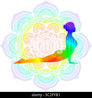 Farbenfrohe Silhouette einer Frau, die Urdhva Mukha Shvanasana Yoga-Pose praktiziert. Nach oben gerichtete Hunde-Yoga-Pose. Isolierte Vektordarstellung Stock Vektor