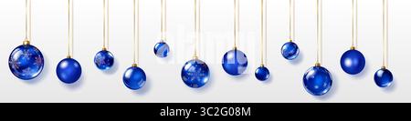 Set aus blauen Weihnachtsschmuck, aufgehängt an goldenen Bändern, glatt und mit komplizierten Schneeflockenmustern verziert. Die Kugeln haben weiche Schatten und Stock Vektor
