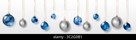 Set aus blauen und silbernen Weihnachtsschmuck, aufgehängt an goldenen Bändern, glatt und mit komplizierten Schneeflockenmustern verziert. Die Kugeln sind weich Stock Vektor