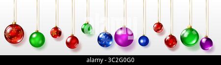 Set aus farbenfrohen Weihnachtsdekorationen, die an goldenen Bändern hängen, glatt und mit komplizierten Schneeflockenmustern verziert sind. Die Kugeln haben einen weichen Schatten Stock Vektor