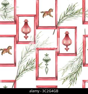 Weihnachtsfestliches nahtloses Muster mit Aquarell-Weihnachtsbaumkugeln, hölzernes Spielzeugpferd in roter Rahmenillustration mit immergrüner Fichte verziert. Ha Stockfoto